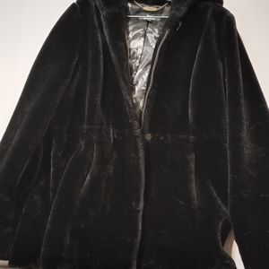 Dennis Basso Black Faux Fur Hooded SZ L Coat